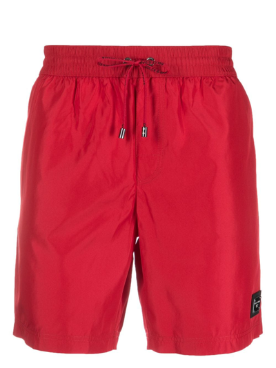 Dolce & Gabbana Logo-plaque Drawstring Swim Shorts In Rot