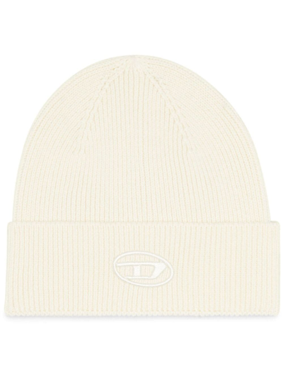 Diesel Ribbed Beanie With D Embroidery In White