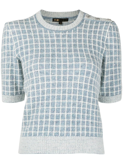 Maje Checked Short-sleeve Knit Top In Blue