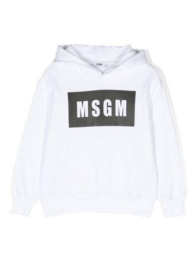 Msgm Kids' Logo-print Cotton Hoodie In Bianco