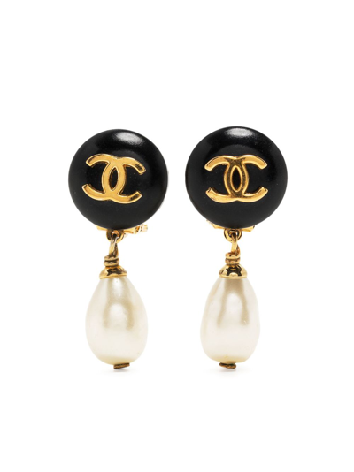 Pre-owned Chanel 1996 Cc Button Drop Faux-pearl Clip-on Earrings In Black