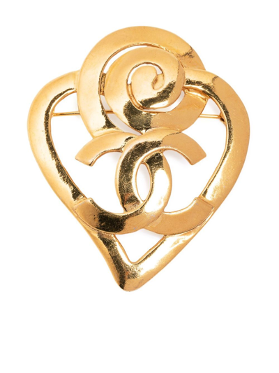 Pre-owned Chanel 1995 Cc Heart Brooch In Gold