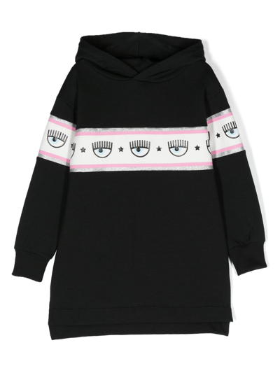 Chiara Ferragni Kids' Eyelike Logo-tape Hooded Dress In Black