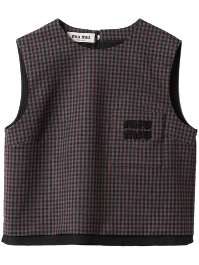 Miu Miu Gingham-pattern Sleeveless Wool Top In Grey