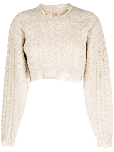 R13 Distressed Cropped Cable Sweater In Beige