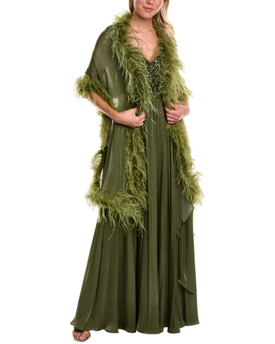Badgley Mischka Feather Wrap Gown In Green