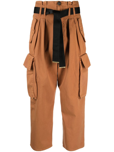 Pinko High-waisted Cropped Cargo Trousers In Brown