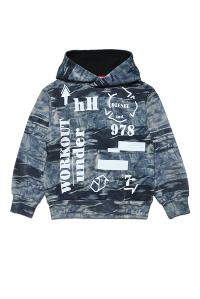 Diesel Kids' 图案印花棉连帽衫 In Blue