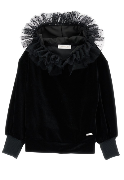 Monnalisa Tulle Hood Ruffled Velvet Sweatshirt In Black