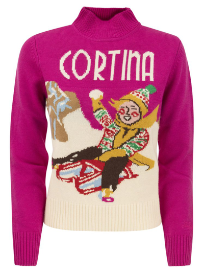 Mc2 Saint Barth Kids' Wool And Cashmere Blend Jumper With Vintage Postcard Print In Fuxia