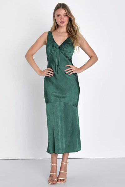 Lulus Exceptional Ideal Emerald Green Satin Jacquard Midi Dress