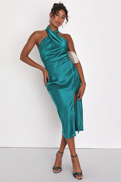 Lulus Beyond Classy Teal Green Satin Halter Midi Dress