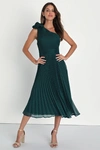 Lulus Special Charm Teal Pleated Swiss Dot One-shoulder Midi Dress In Teal