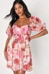 Lulus Darling Aura Pink Multi Floral Organza Babydoll Mini Dress In Pink