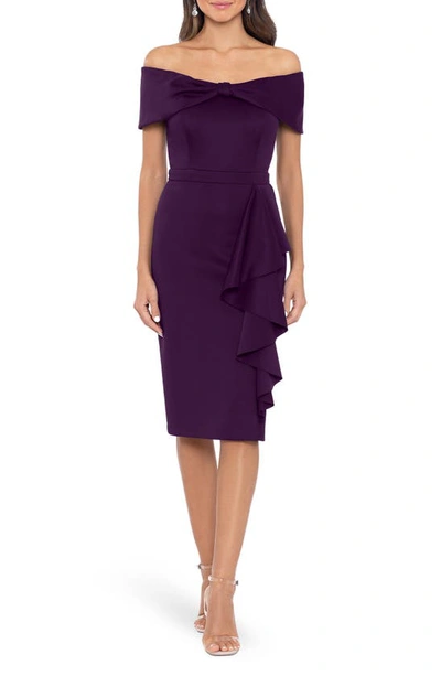 Xscape Bow Off The Shoulder Scuba Knit Cocktail Dress In Plum