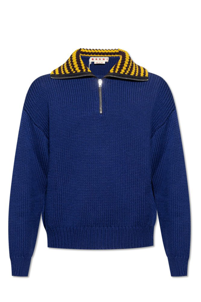 Marni Men's Wool Sweater With Sailor Foldover Collar In Ocean
