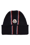 Moncler Tricolor Stripe Wool Beanie In Blue