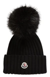 Moncler Virgin Wool Rib Beanie With Faux Fur Pompom In Black