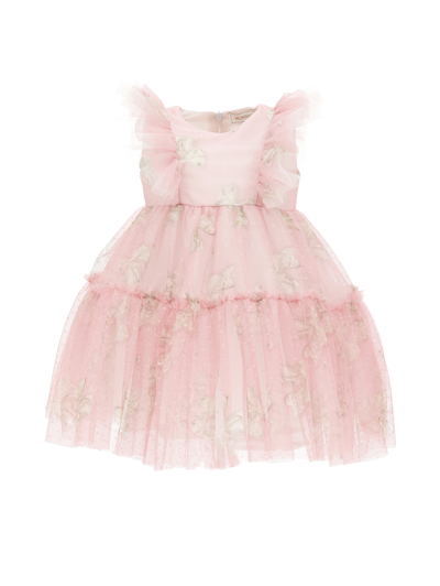 Monnalisa Babies'   Bow Print Tulle Dress In Antique Rose + Cream