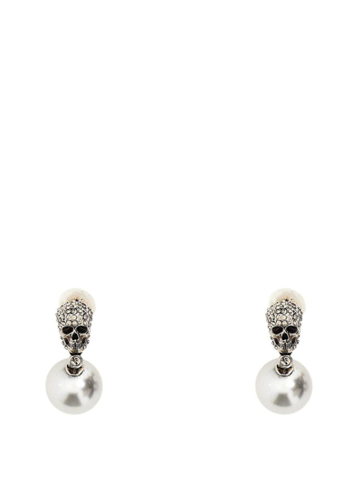 Alexander Mcqueen Pearl Skull Earrings In Antiqued Silver