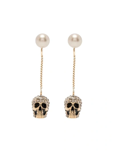 Alexander Mcqueen Palladium Gold Skull Earrings With Pavé And Chain In Golden
