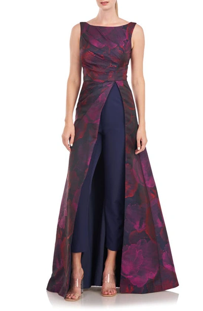 Kay Unger Indira Floral Maxi Romper In Deep Navy Light Plum