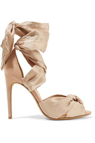 Alexandre Birman Katherine Lace-up Silk-satin And Suede Sandals In Nude & Neutrals