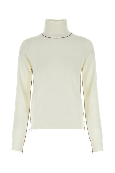 Maison Margiela White High Neck Sweater With Contrasting Stitching In Wool Woman