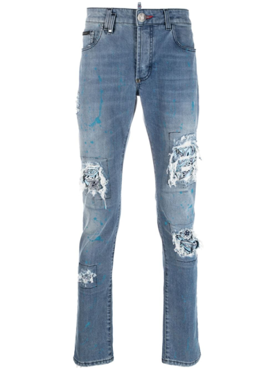 Philipp Plein Ripped-detail Slim-cut Jeans In Blue