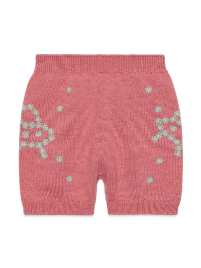 Gucci Kids' Floral-embroidered Wool Shorts In Pink