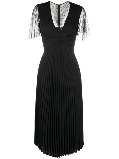Nissa Lace-detail Pleated Midi Dress In Black
