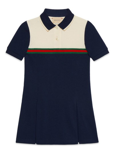Gucci Kids' Cotton Dress With Web In Oltremare/bone/mix