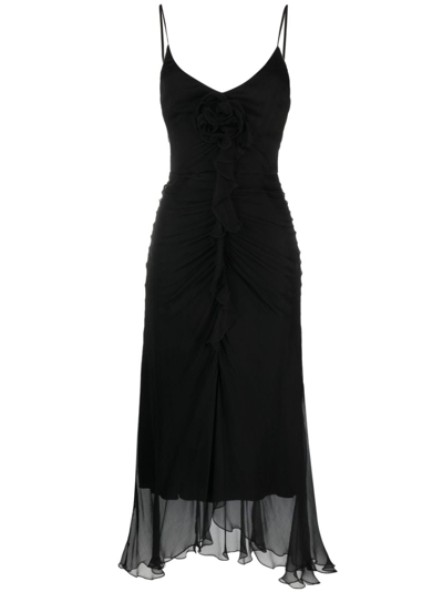 Nissa Floral-appliqué Ruffled Silk Dress In Black