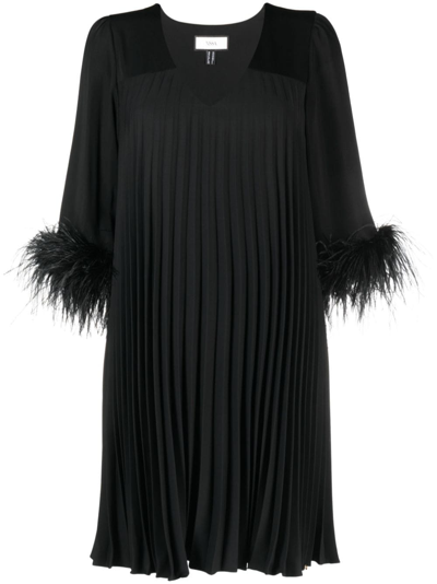 Nissa Feather-trim Pleated Dress In Black