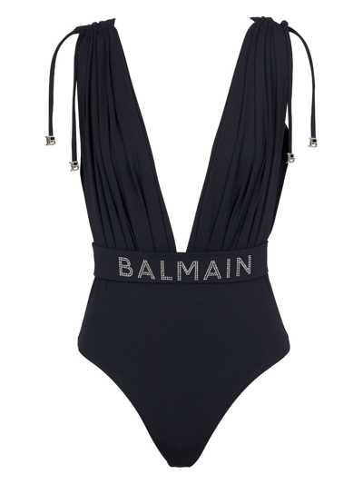 Balmain Logo-embellished Draped-detailing Swimsuit In Black