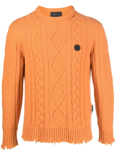 Philipp Plein Distressed Cable-knit Jumper In Orange
