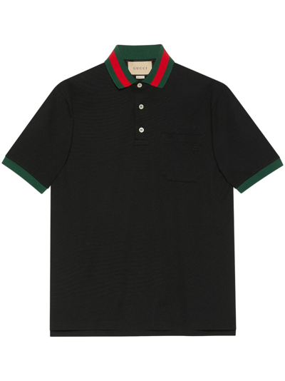 Gucci Web-stripe Piqué Polo Shirt In Black