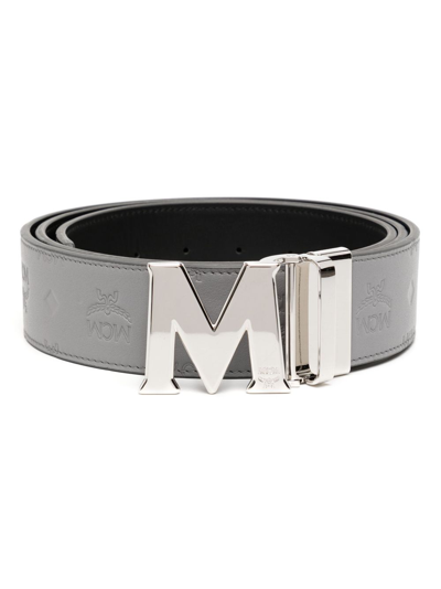Mcm Claus Monogram-pattern Leather Belt In Grey