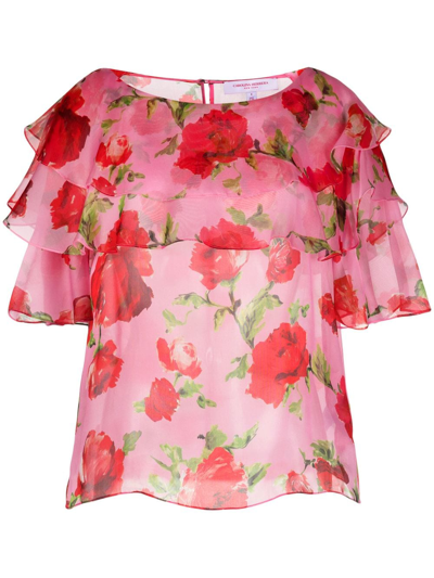 Carolina Herrera Silk Organza Ruffled Top In Deco Pink Multi