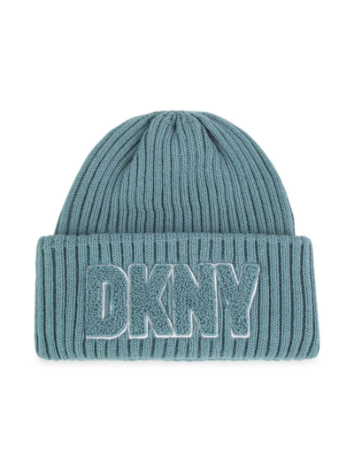 Dkny Kids' Logo-patch Ribbed Beanie In Gnawed Blue