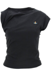 Vivienne Westwood 'hebo' Black T-shirt With Asymmetric Ruched Short Sleeves And Orb Logo On The Front