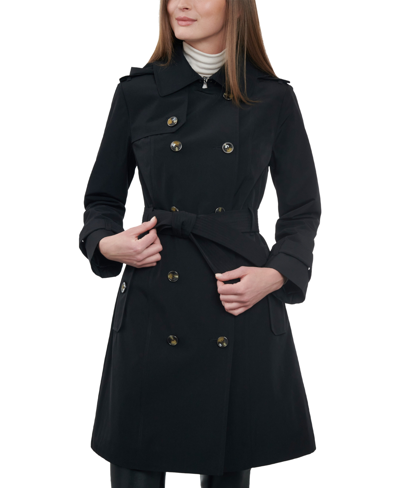 London Fog Women's Lightweight Hooded Double-breasted Trench Coat In Black