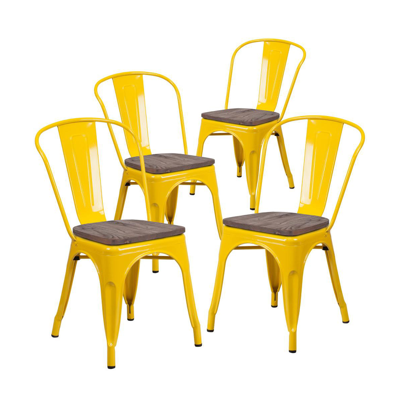 Emma+oliver 4 Pack Metal Stackable Chair With Wood Seat In Yellow