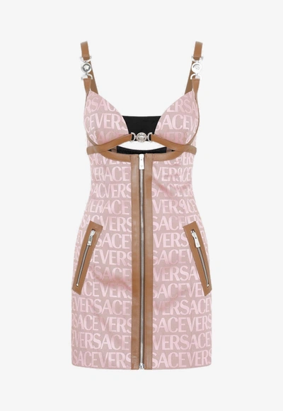 Versace Allover Logo Minidress In Nude & Neutrals