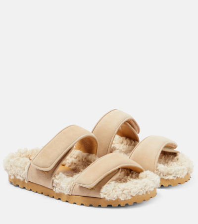 Gia Borghini Alvine Suede And Shearling Slides In Beige