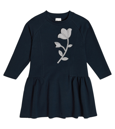 Il Gufo Kids' Floral Cotton-blend Jersey Dress In Blue