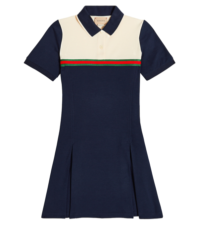 Gucci Kids' Cotton Dress With Web In Oltremare/bone/mix