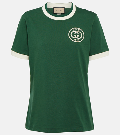 Gucci Logo Embroidered Cotton T-shirt In Green