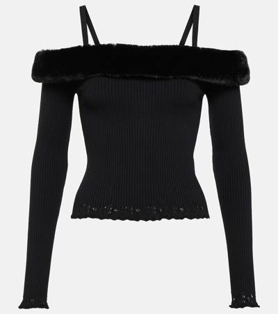 Blumarine Off-the-shoulder Faux Fur Knit Top In Negro