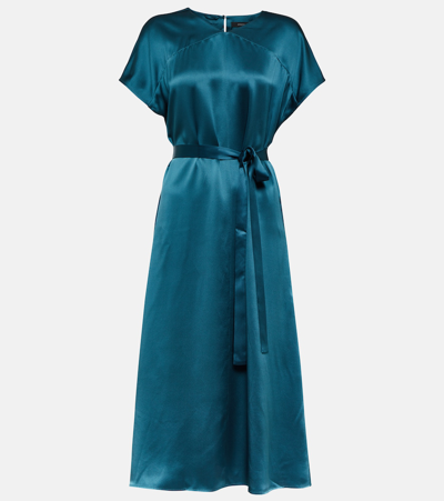 Joseph Dauphine Belted Satin Midi Dress In Blue
